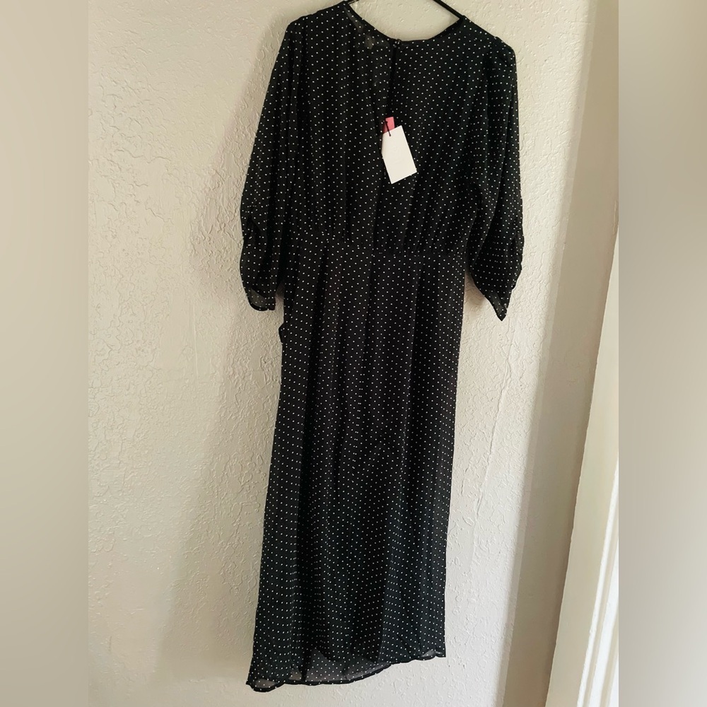 Black Polka Dot Midi Dress - Elegant Gathered Side Detail - Picture 3 of 7